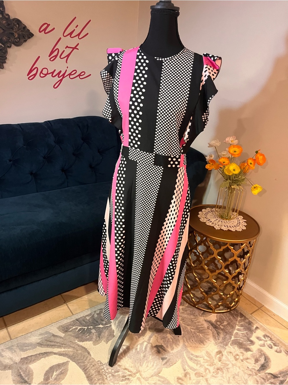 Black and Pink Polka Dot A-Line Dress